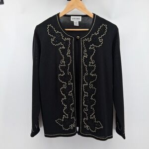 Alfred Dunner Cardigan Sweater Beaded Embroidered Faux Twinset M Wool Blend‎